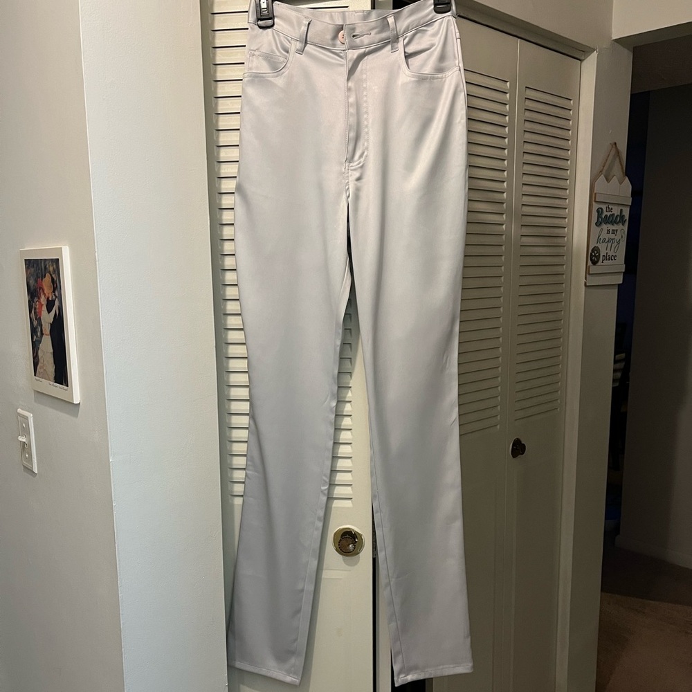 Boutique Europa Silver Satin Straight Leg Jeans, Size 6Tall